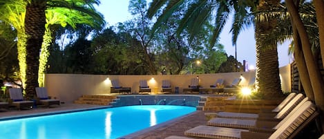 Outdoor pool, pool umbrellas, pool loungers