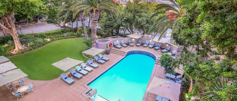 Outdoor pool, pool umbrellas, pool loungers