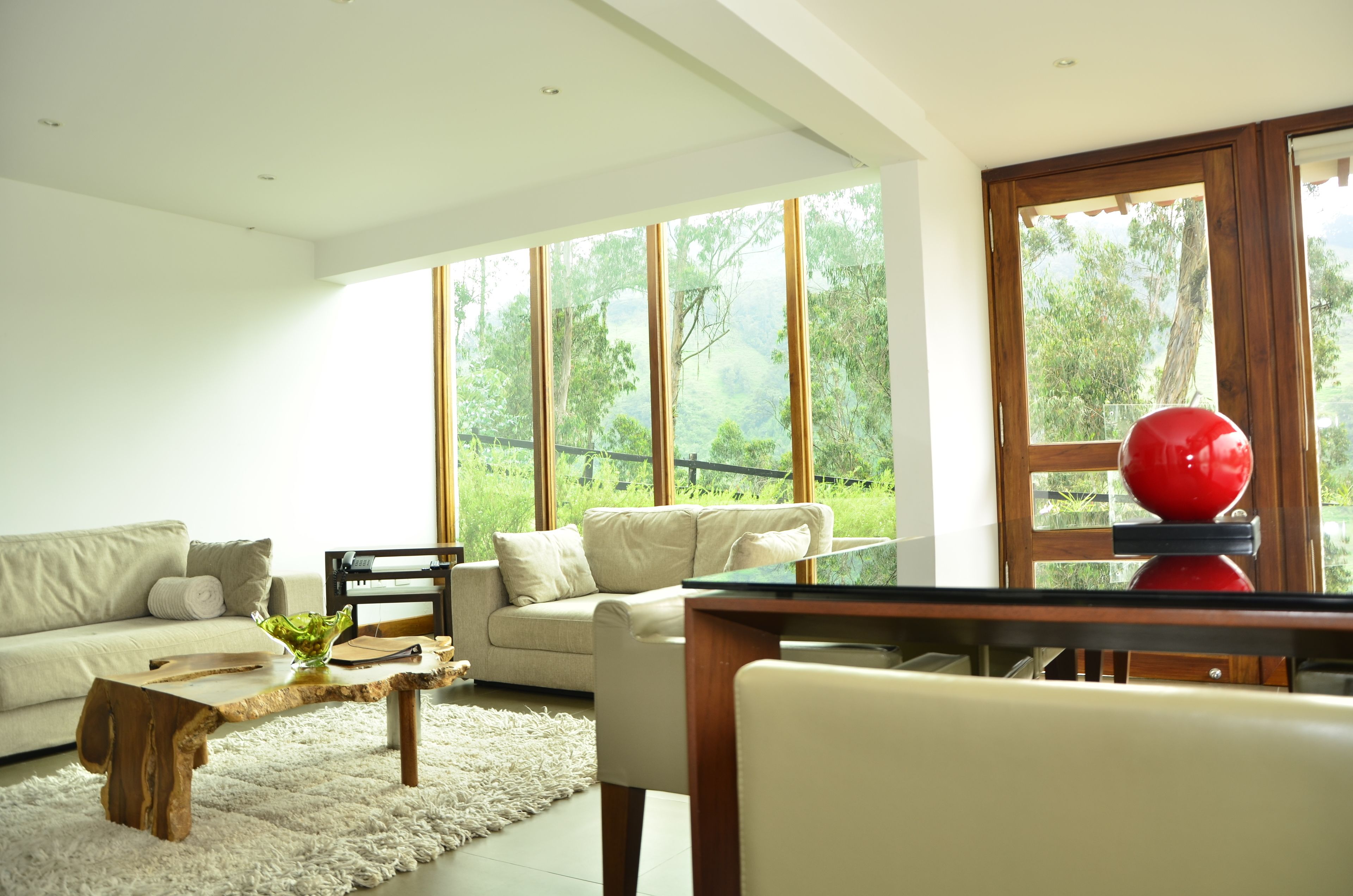 Un salón moderno con sofá, mesa de centro y vistas a zonas verdes a través de grandes ventanales.