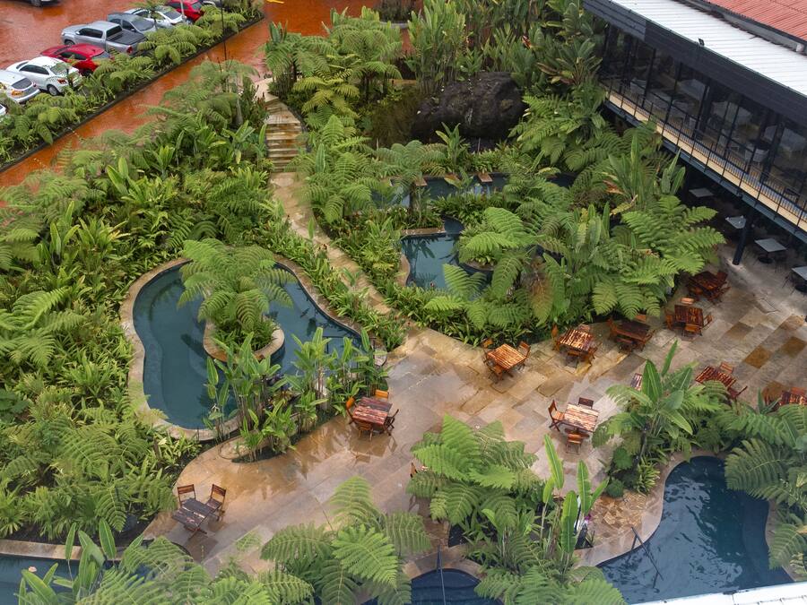 Vista aérea de un patio de hotel con piscina, abundante vegetación y zonas de estar al aire libre.