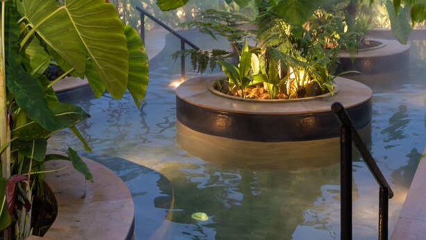 A serene indoor water feature with tropical plants and a mountainous backdrop. - Termales del Otoño (Villamaria)