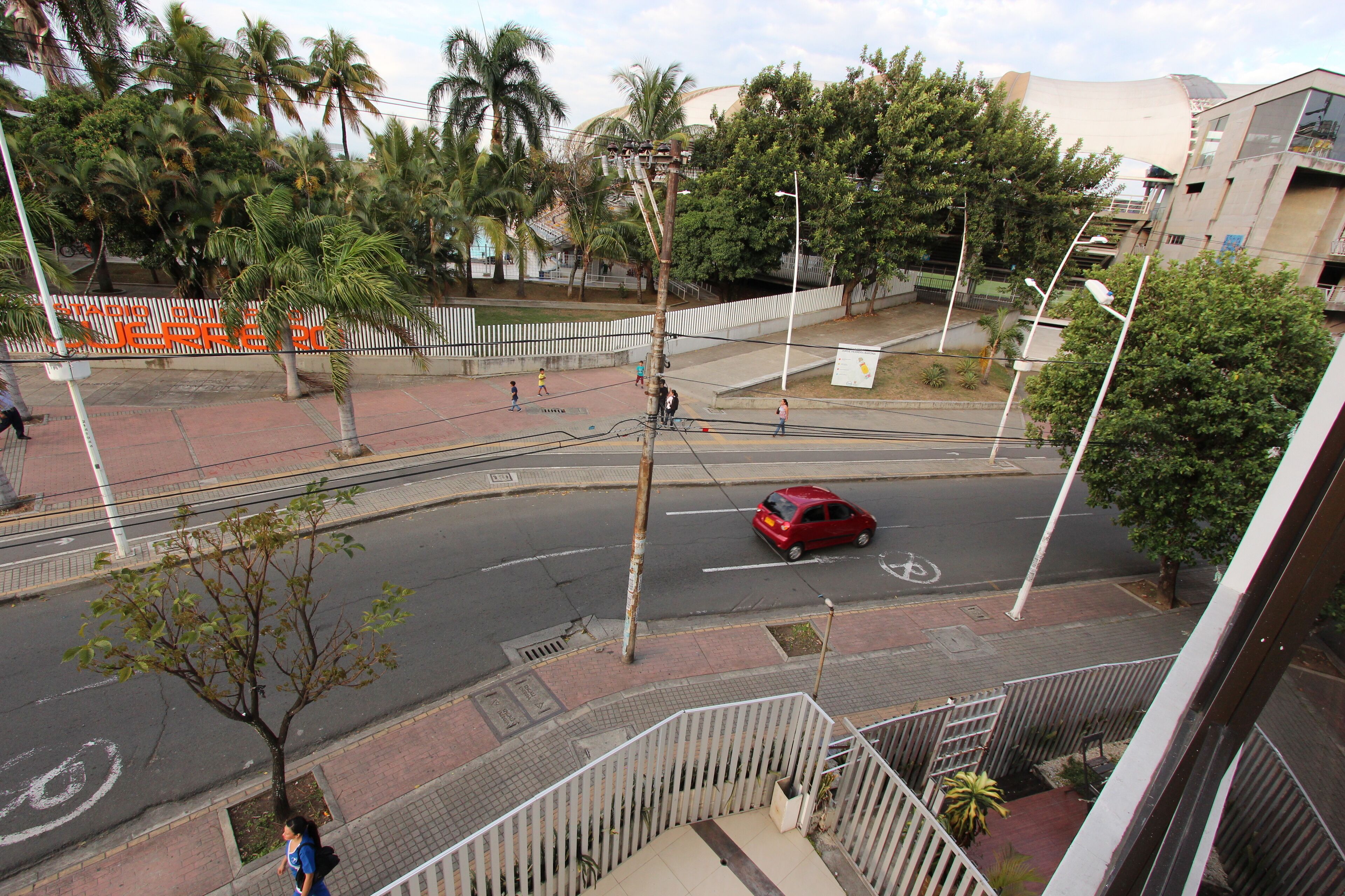 Vista de la calle con un coche rojo, palmeras y un paso de peatones.