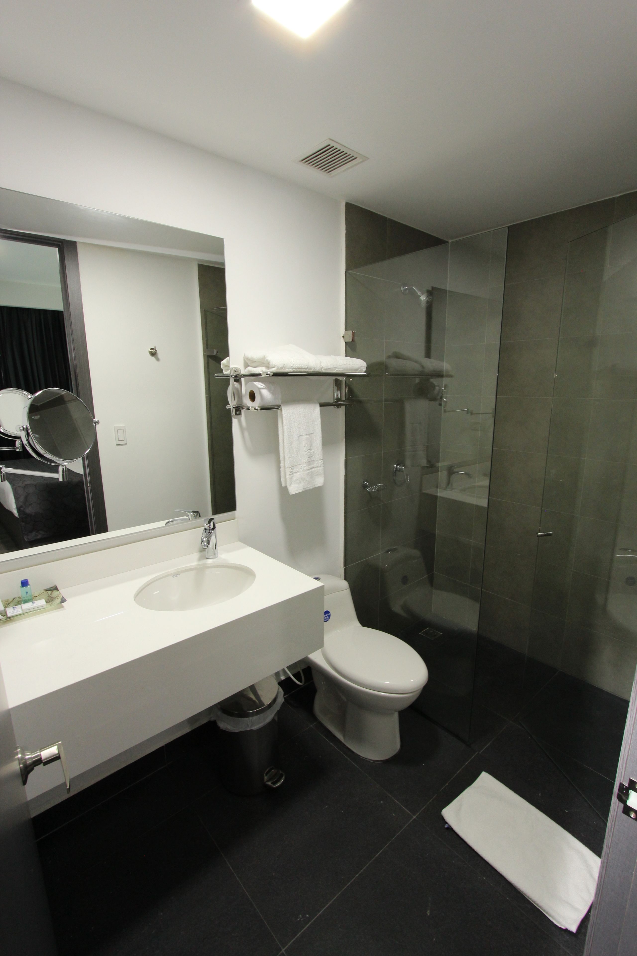 Une salle de bain moderne avec un double lavabo, des toilettes et une douche à parois de verre.