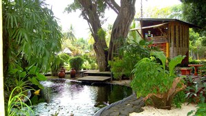 A wooden cabin with a deck, surrounded by lush greenery and a small pond. - Flying Crocodile (Sámara)