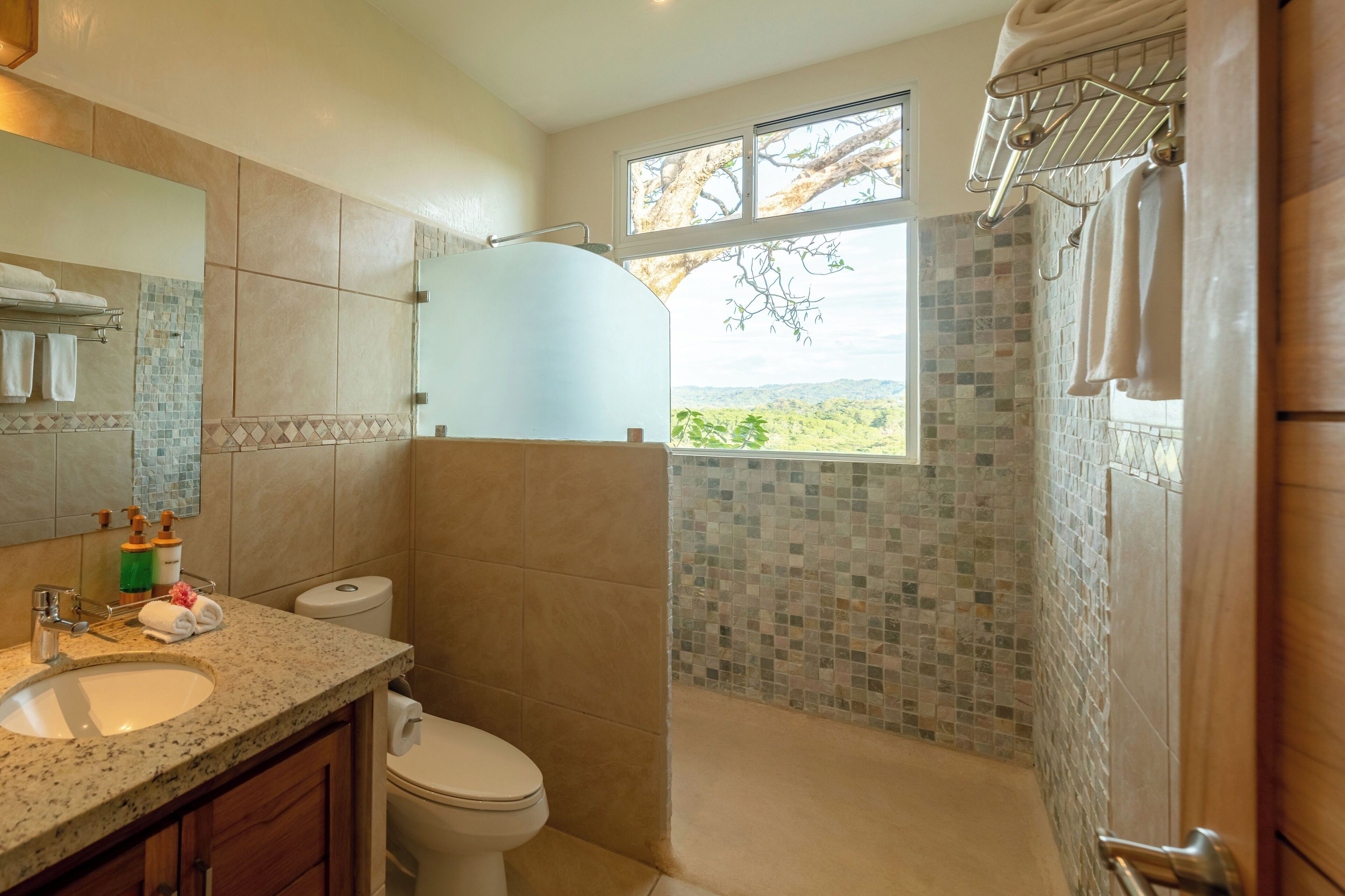 A bathroom with a sink, toilet, and shower area.
