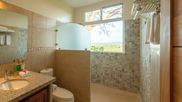 A bathroom with a sink, toilet, and shower area.