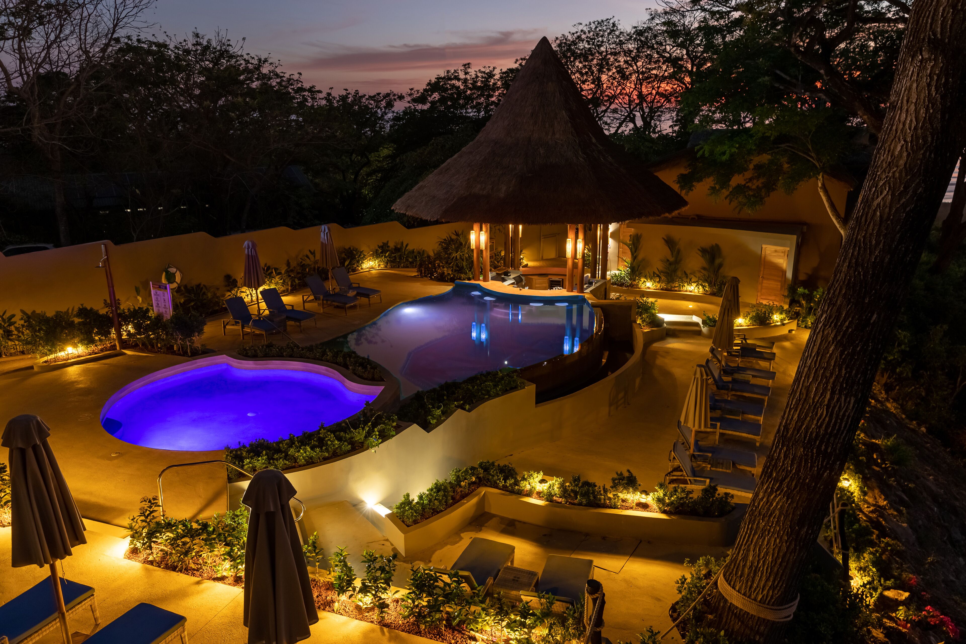 2 outdoor pools, open 9:00 am to 8:00 pm, pool umbrellas, pool loungers