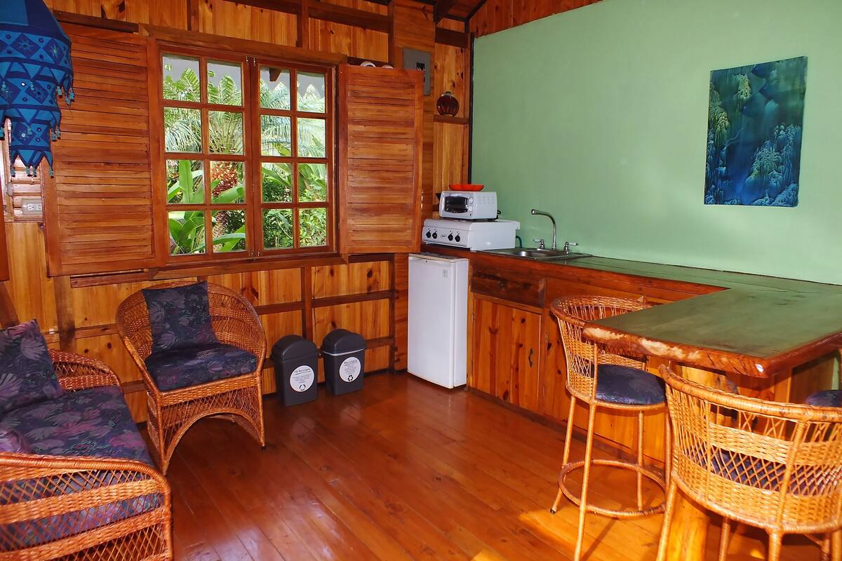 A wooden cabin with wicker furniture, a kitchenette, and a window with a view of greenery.