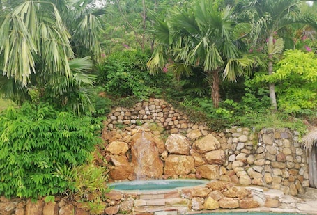 Alberca al aire libre y camastros