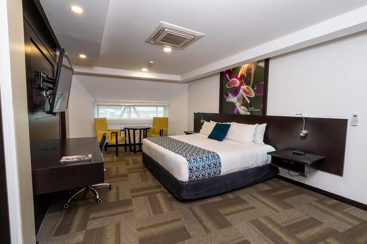 Una habitación de hotel con cama, mesita de noche, escritorio, silla y televisor montado en la pared.