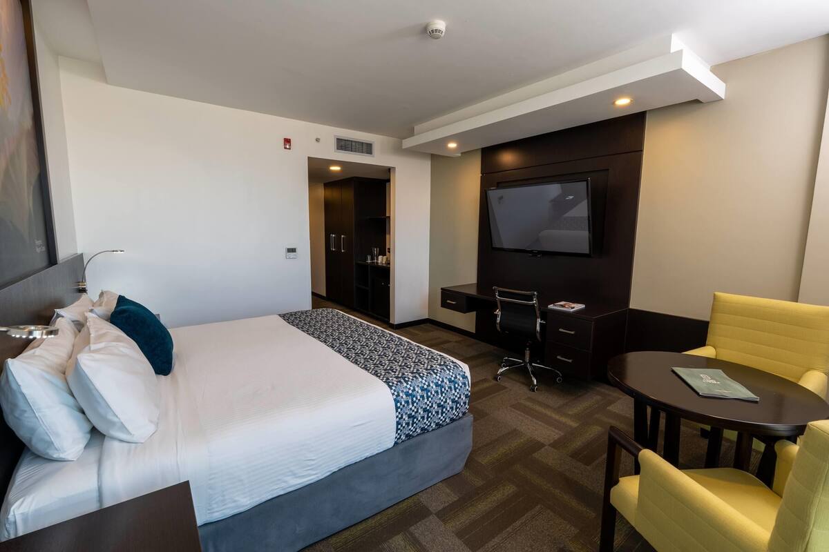 Una habitación de hotel con cama, escritorio, silla, televisor y armario.