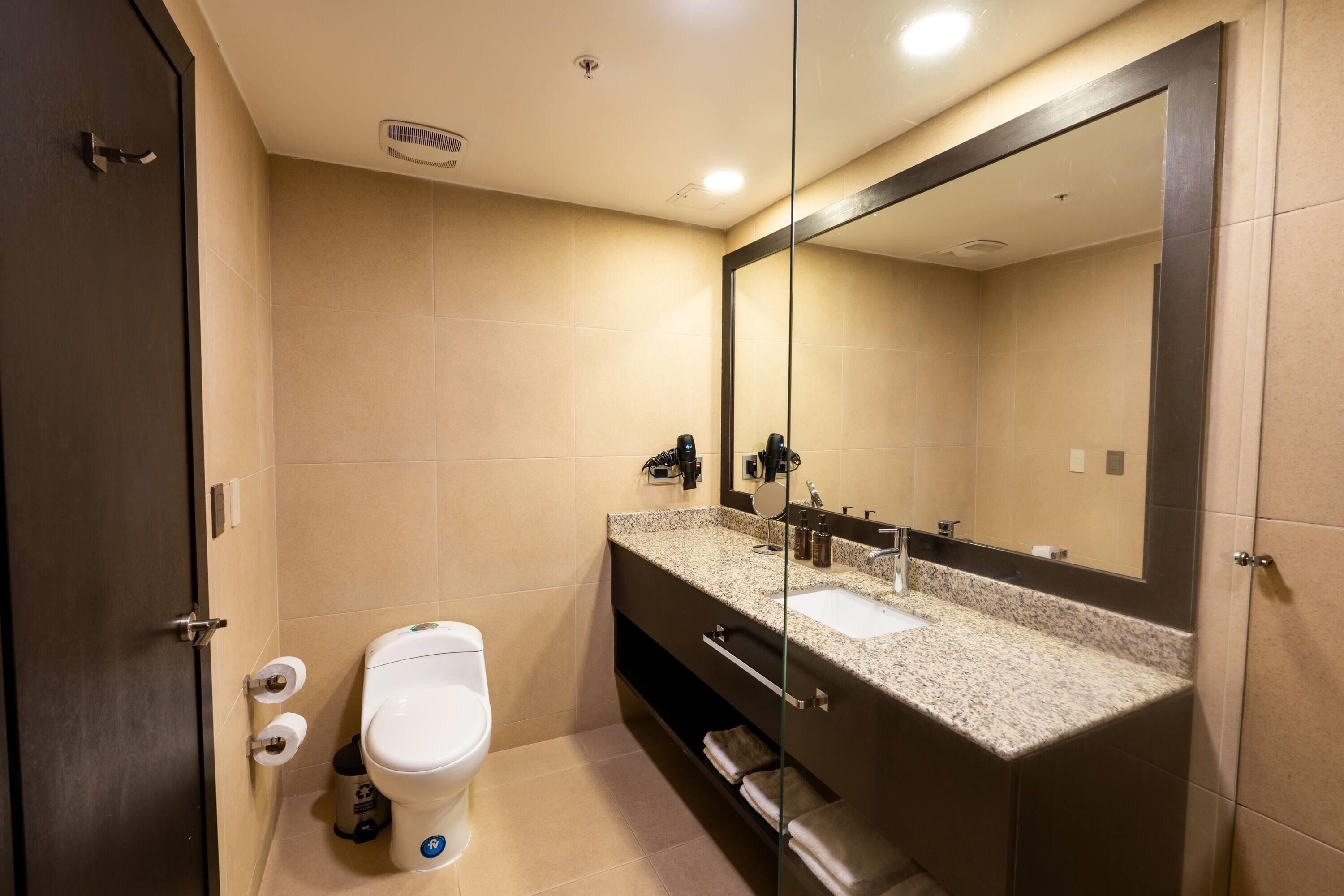 Un baño moderno con inodoro, lavamanos y un espejo grande.
