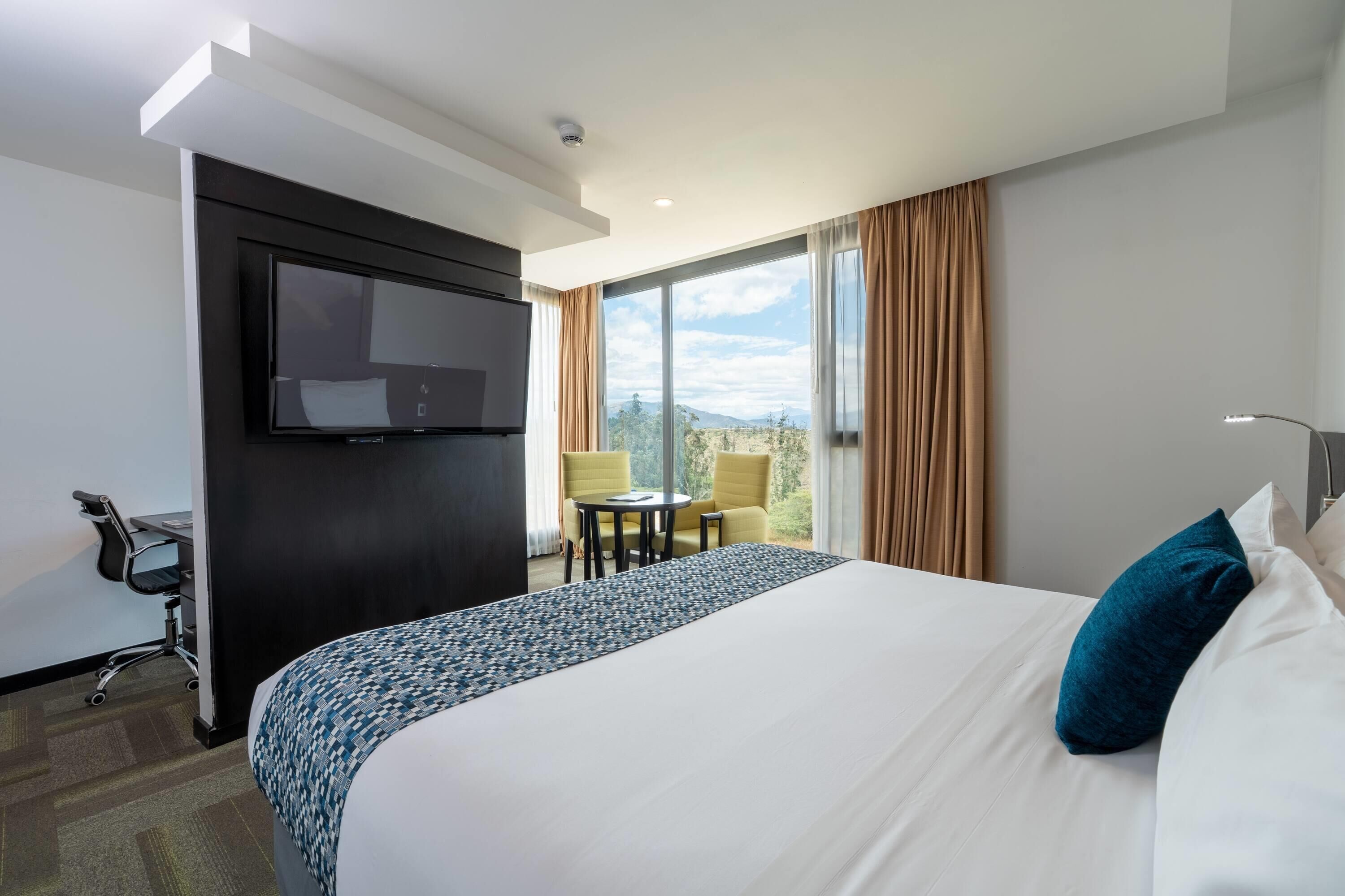 A hotel room with a large bed, a desk with a chair, a television, and a balcony with a view.