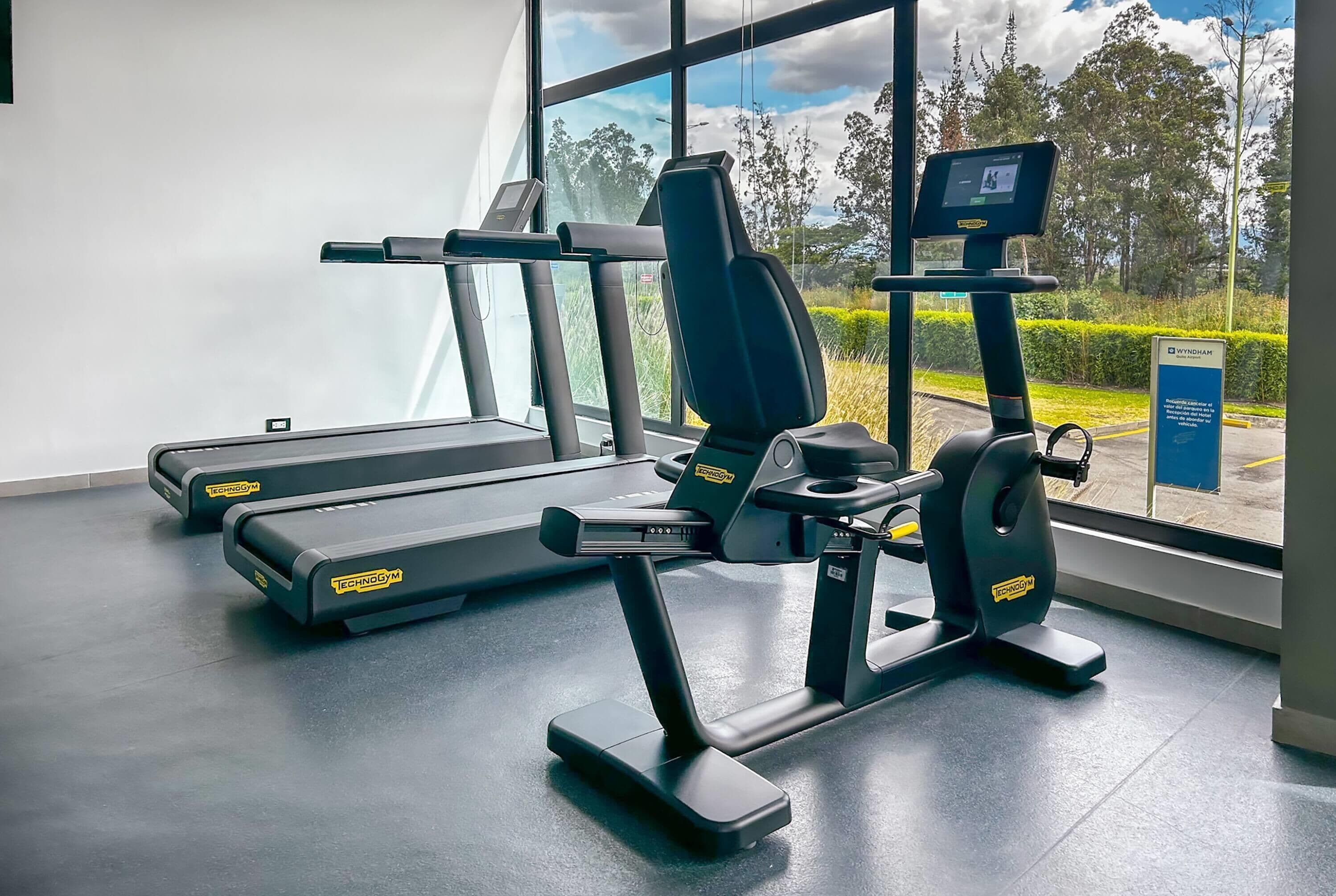 A gym with treadmills, a weight bench, and a rowing machine, with a view of trees and a clear sky through large windows.