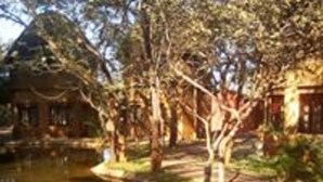 A tranquil garden with a pond, pathways, and traditional buildings. - Kaazmein Lodge (Livingstone)