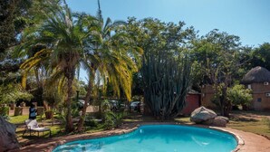 A swimming pool surrounded by palm trees and cacti, with lounge chairs and a thatched-roof building in the background. - Kaazmein Lodge (Livingstone)