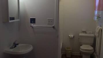 A bathroom with a sink, toilet, and shower area.