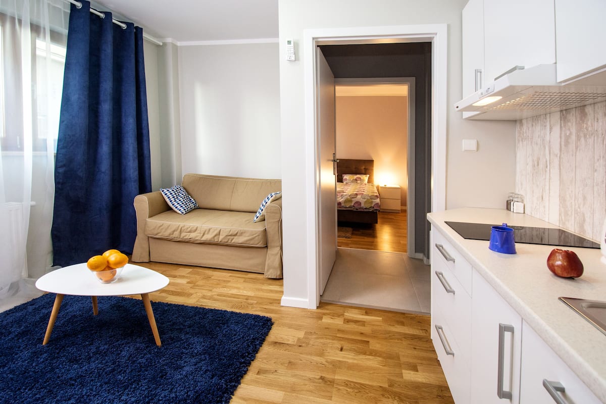 A compact living space with a kitchenette, a sofa with a checkered pillow, and a blue rug.