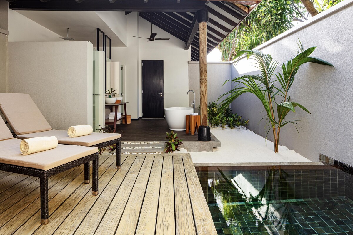 A modern outdoor pool area with lounge chairs, a wooden deck, and a view of the interior.