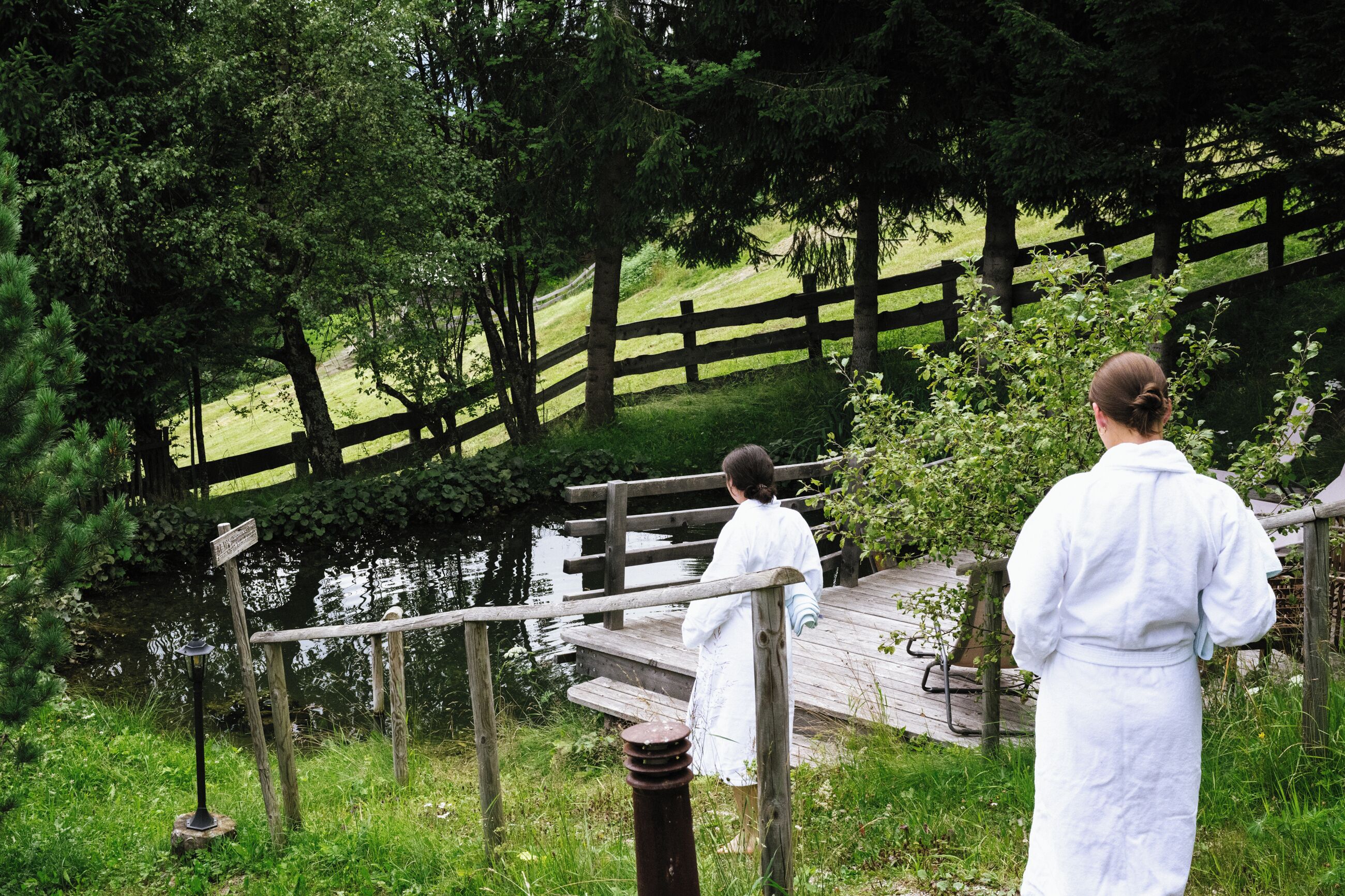 Un pont de fusta sobre una massa d'aigua, envoltat de vegetació i una tanca de fusta.