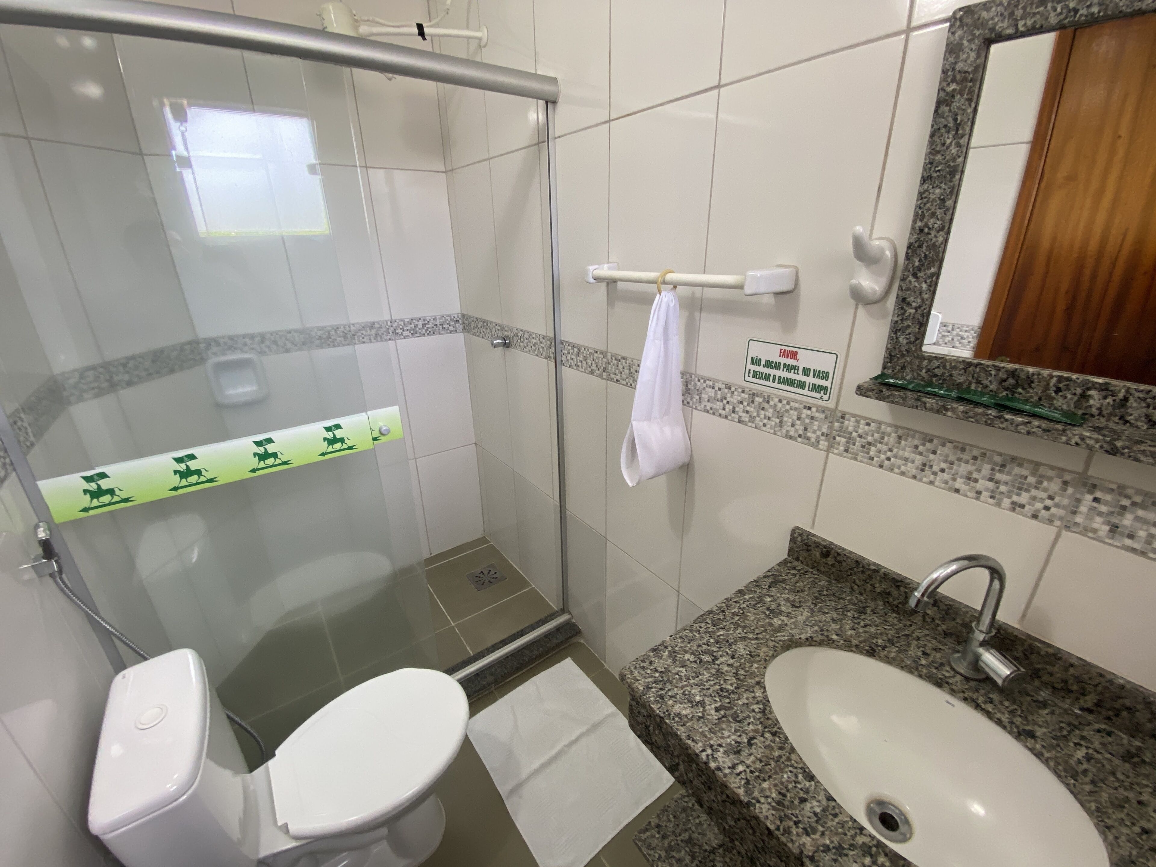 A bathroom with a glass shower enclosure, a white toilet, a sink with a granite countertop, and a mirror with a wooden frame.