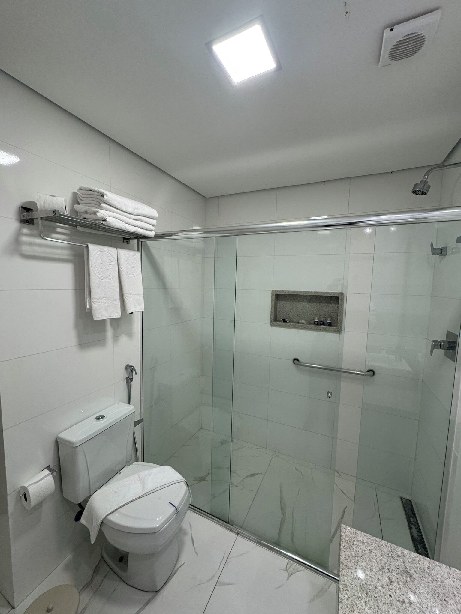A modern bathroom with a glass shower enclosure, a toilet, and a towel rack with folded towels.