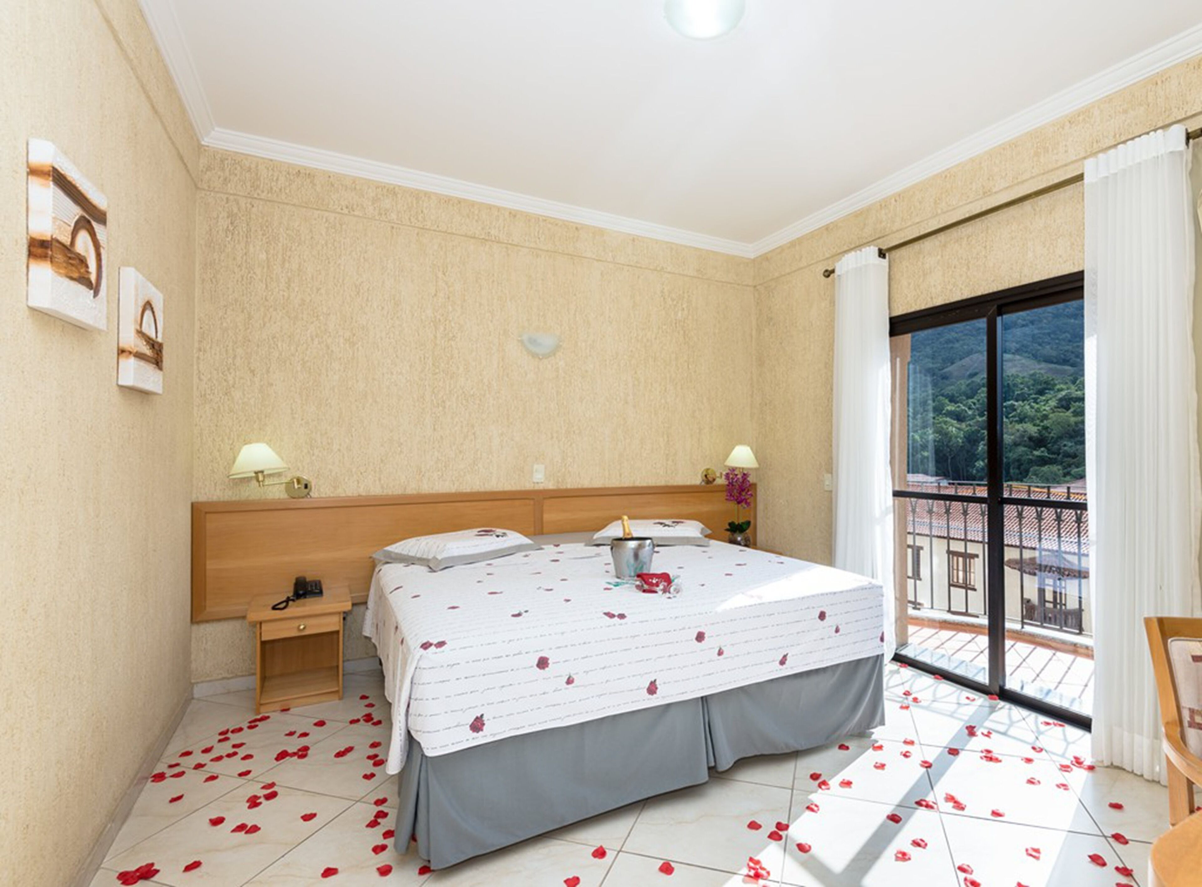 A hotel room with a bed, bedside lamps, a nightstand, and a balcony with a view.