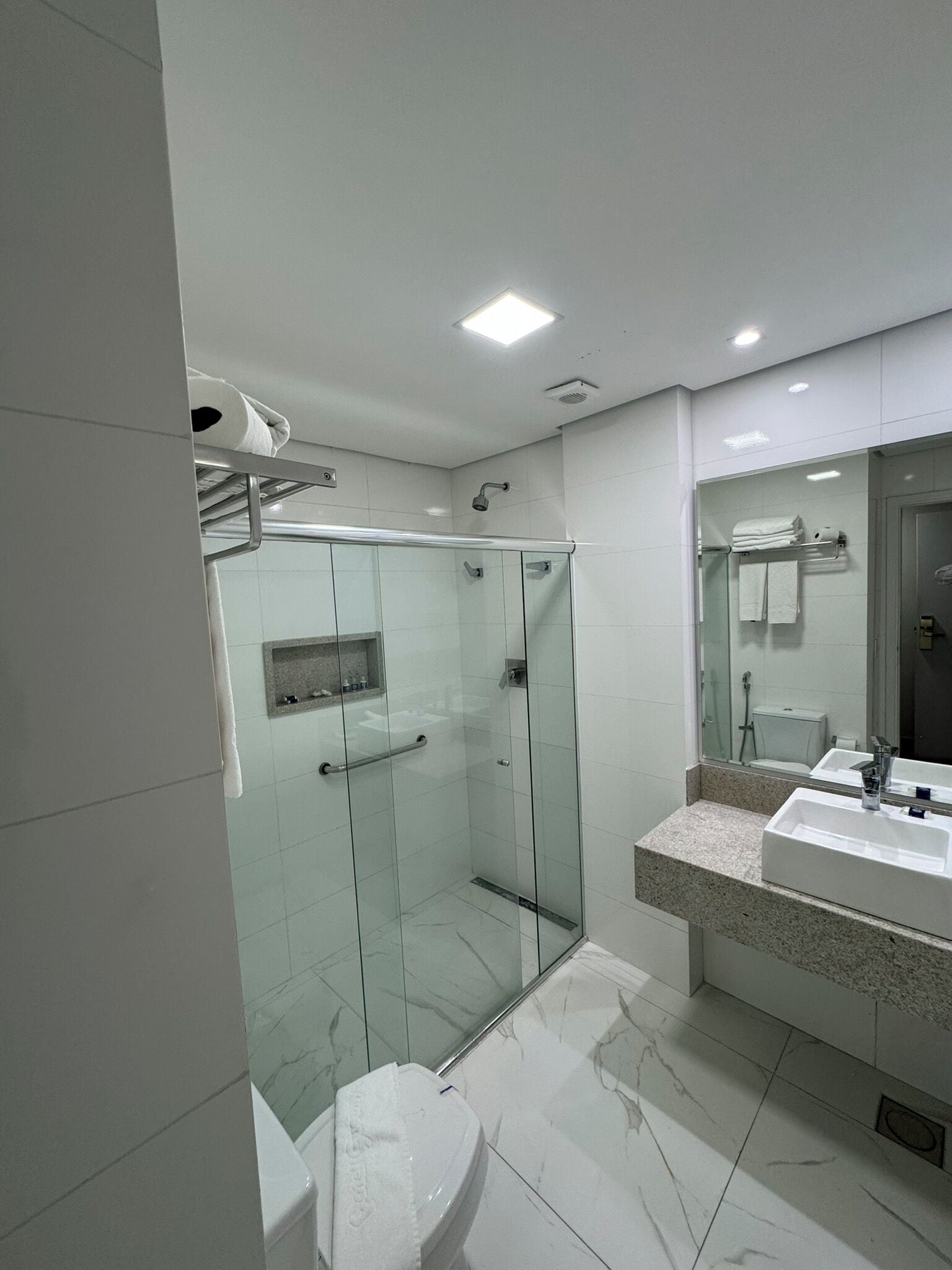 A modern bathroom with a glass-enclosed shower, a white toilet, and a vanity with a sink and mirror.