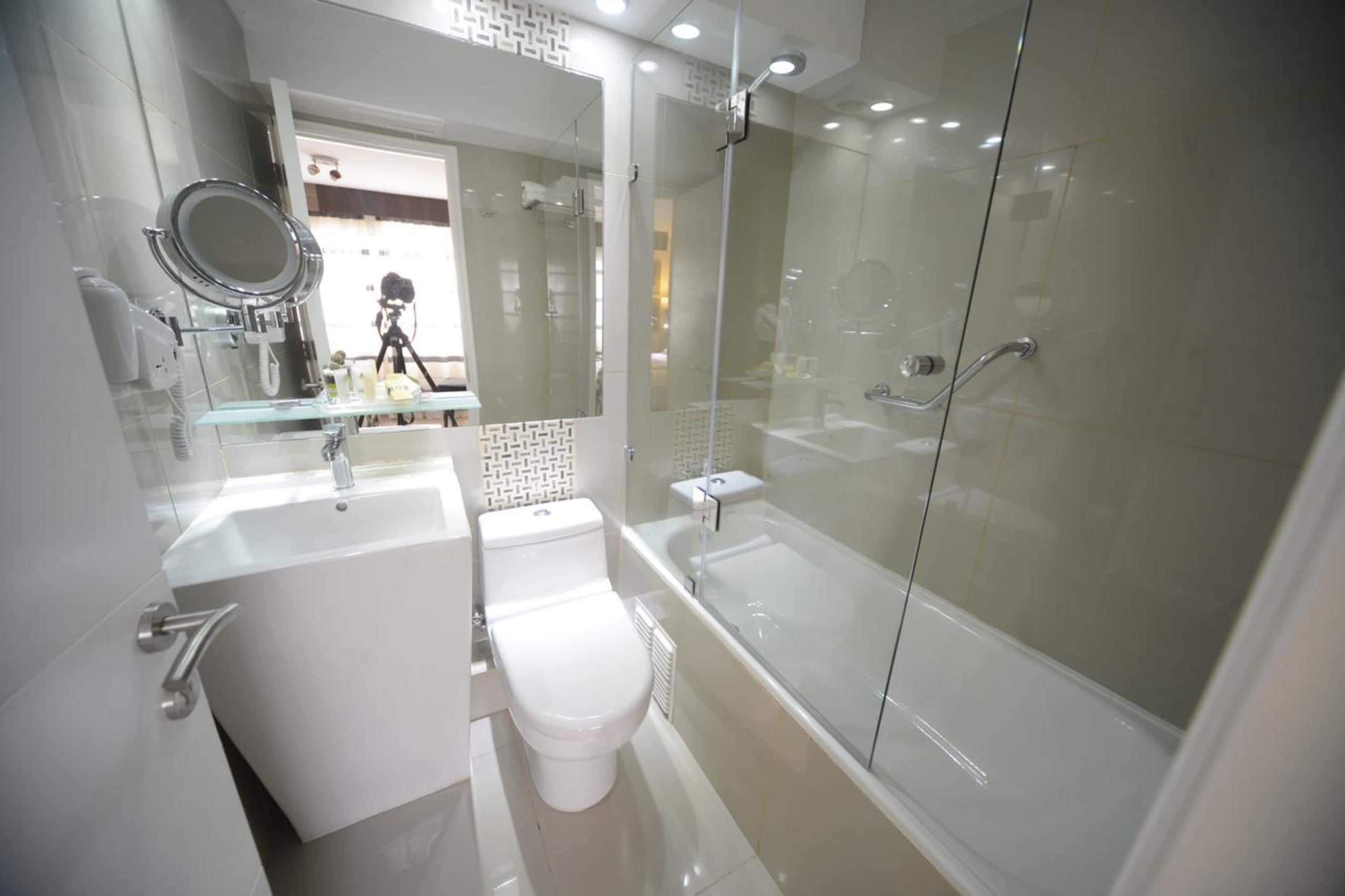 combined shower/bathtub, free toiletries, hair dryer, towels