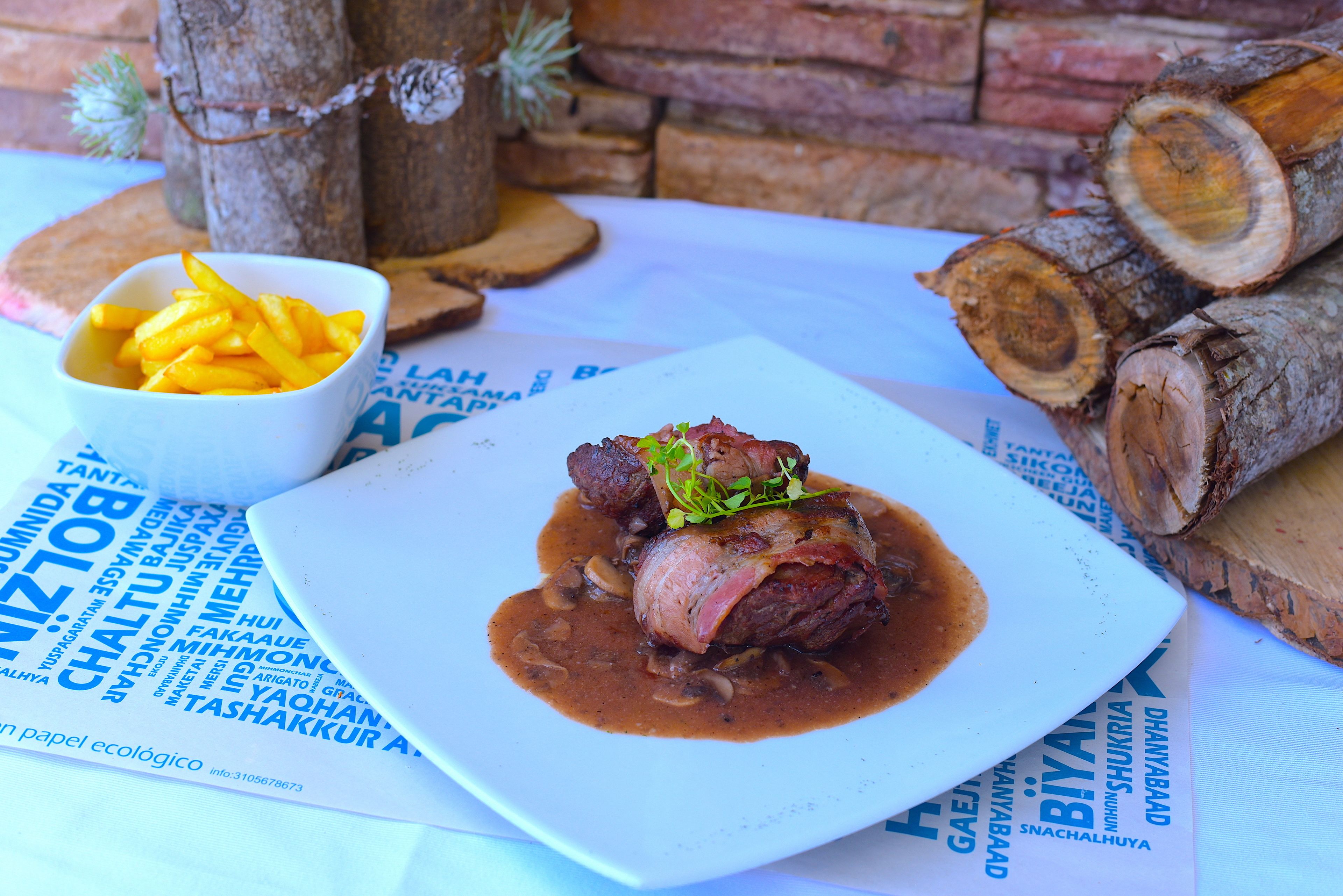 A plate of food with a meat dish and fries on a table with a white tablecloth and wooden logs.