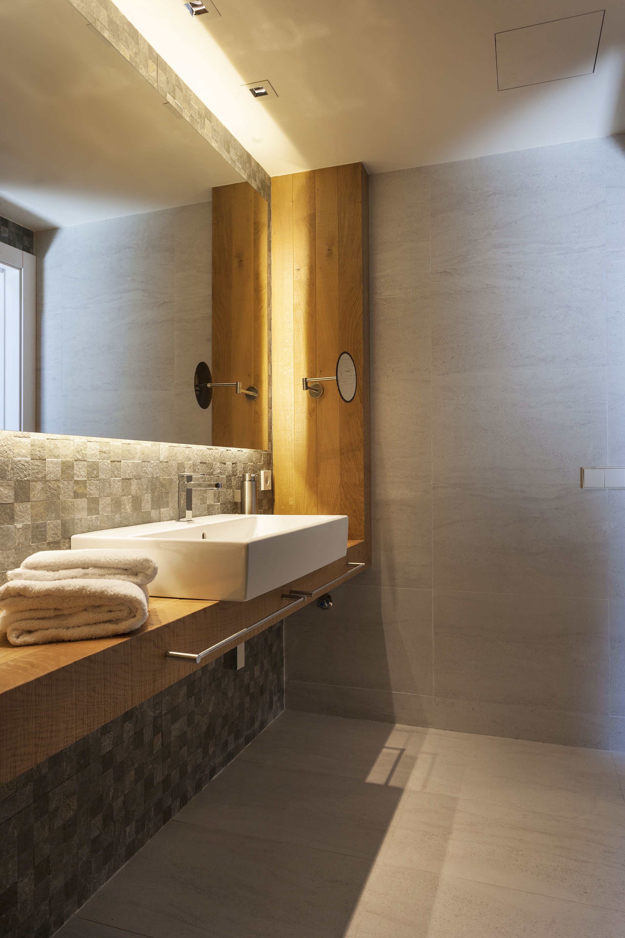 shower, rainfall showerhead, hair dryer, towels