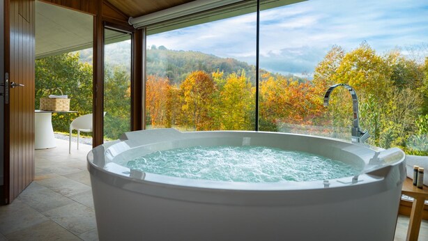 A hot tub in a room with a large window overlooking a forested area.