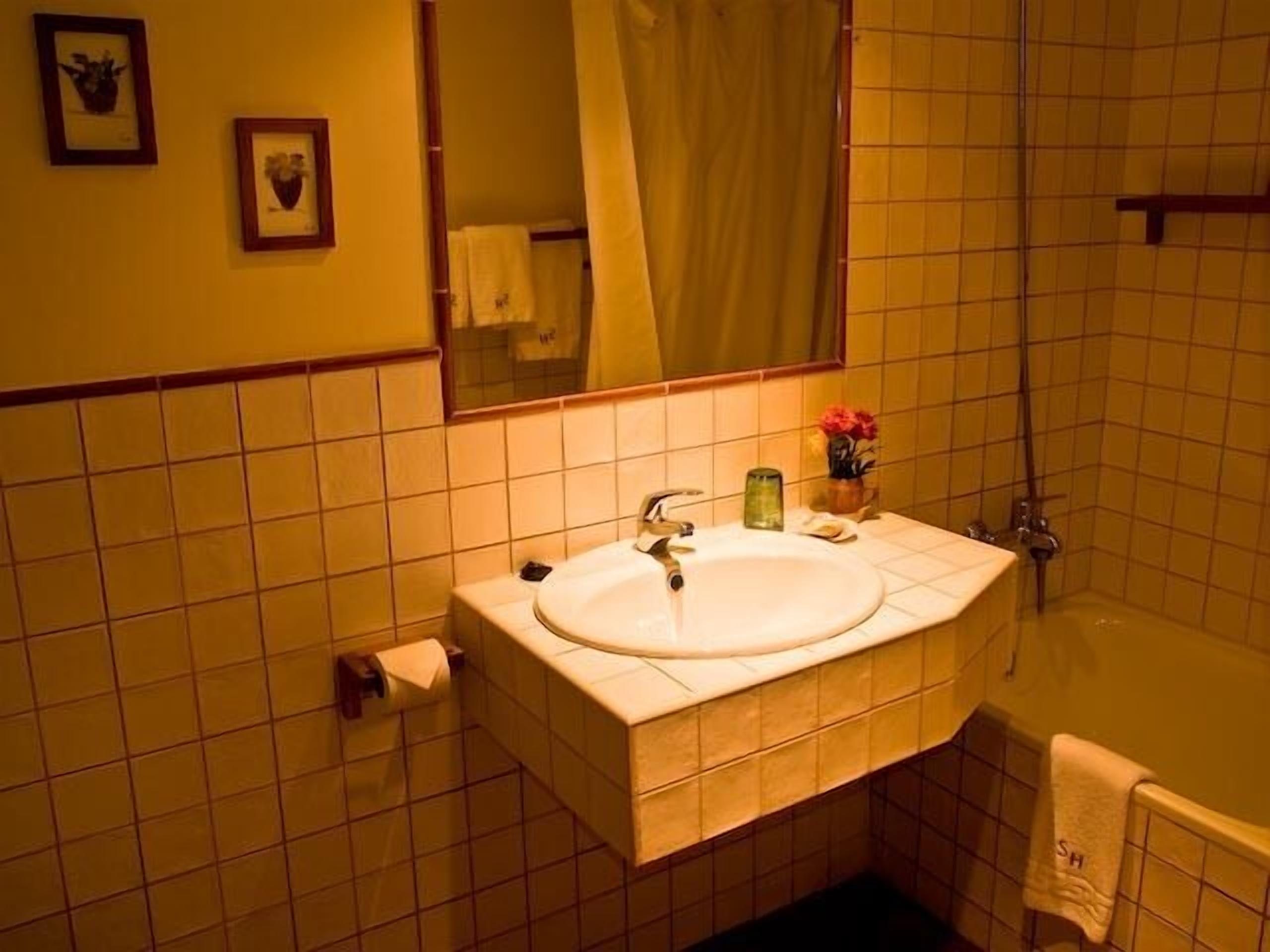 Ein Badezimmer mit Waschbecken, Spiegel und Dusche.