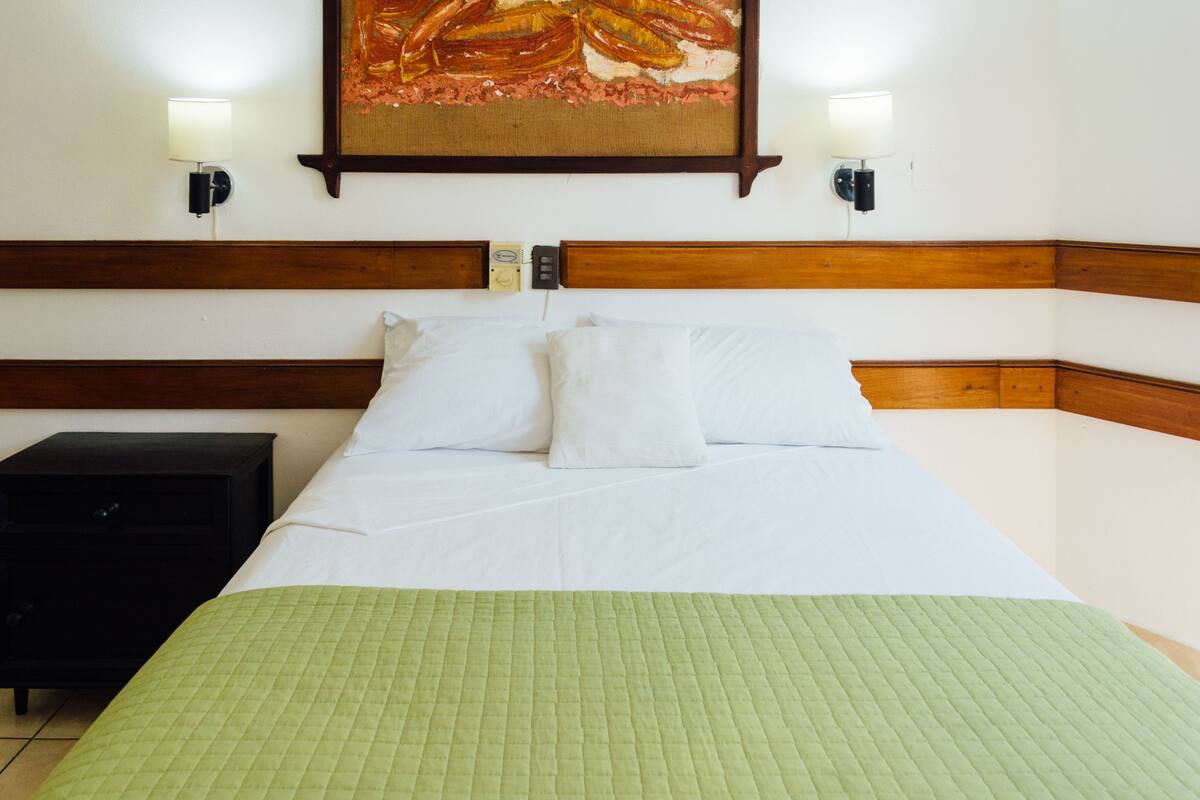 Una cama bien tendida con sábanas blancas y una colcha verde, flanqueada por dos mesitas de noche, una negra y otra blanca, en una habitación con cabecero de madera y lámparas fijadas a la pared.
