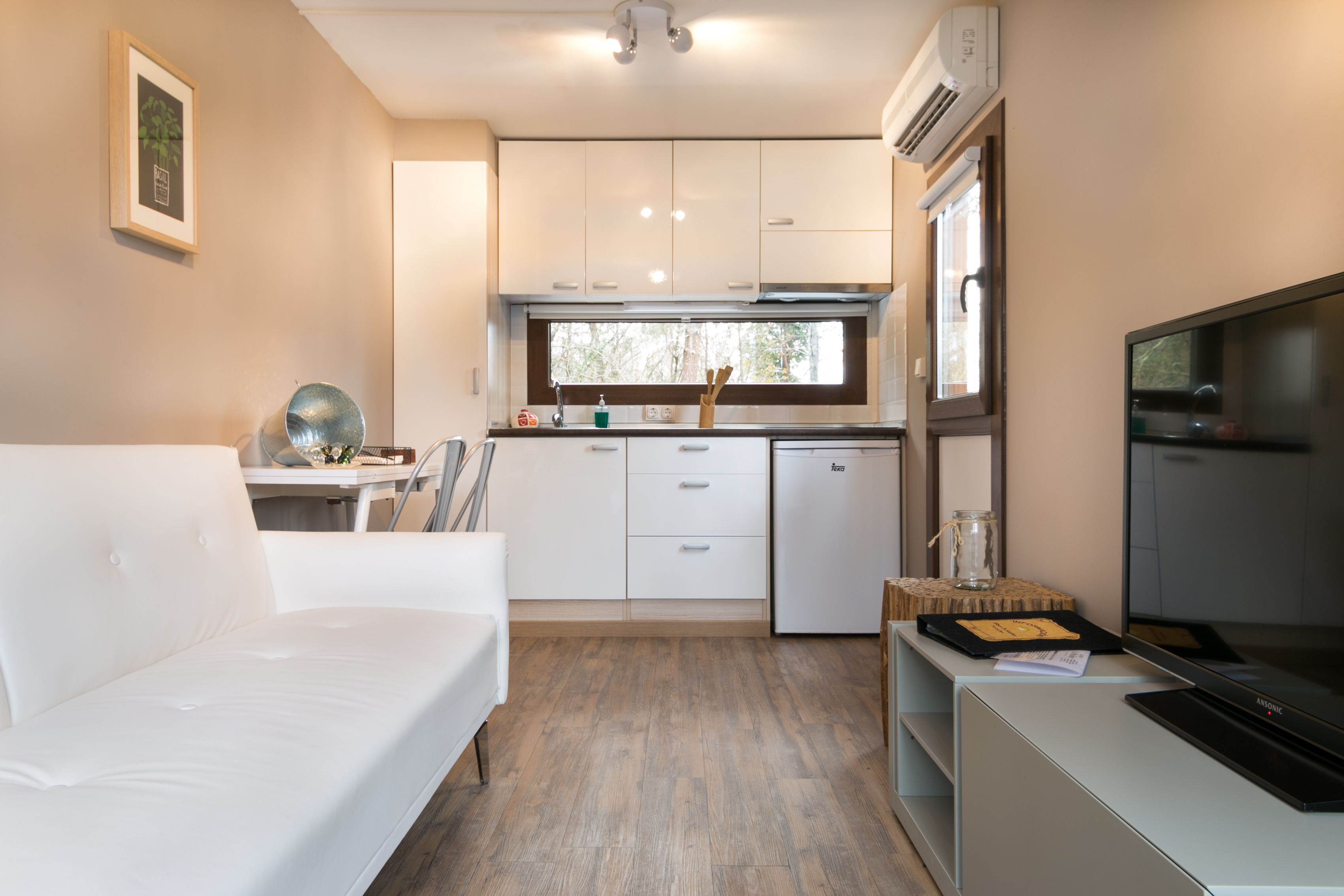 Un espacio habitable compacto con kitchenette, un sofá, un televisor de pantalla plana y un ventanal que proporciona luz natural.