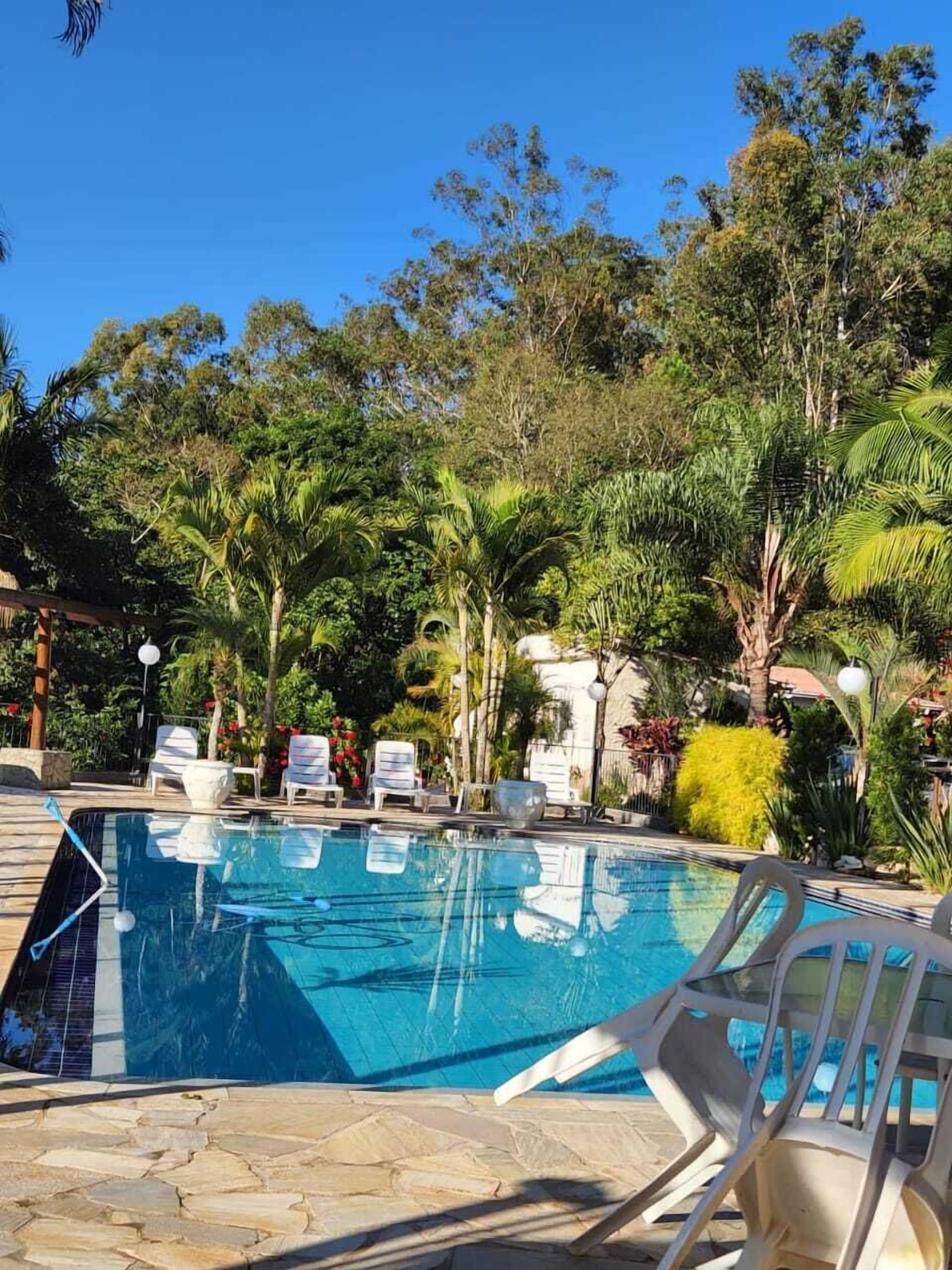 Piscina com espreguiçadeiras e vegetação tropical.
