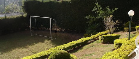 Un jardín bien cuidado con setos recortados, un arco de fútbol y un poste de luz.