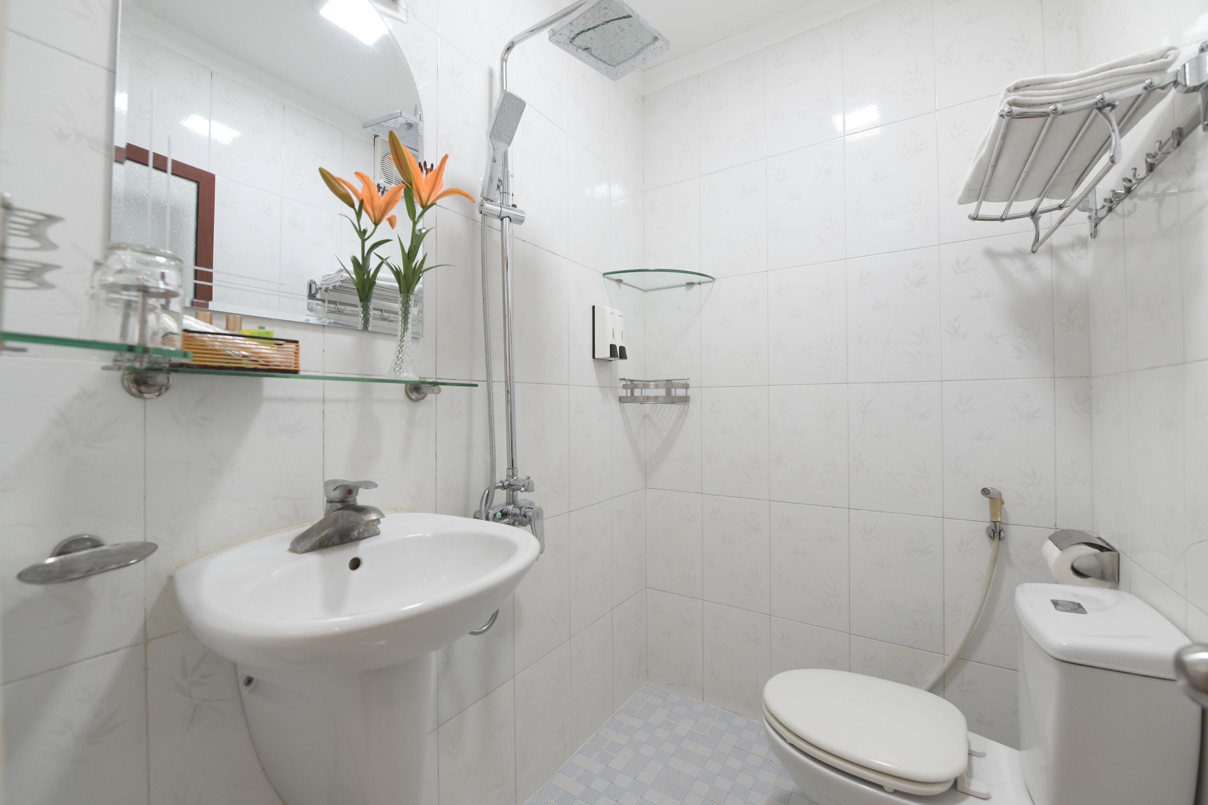 Shower, free toiletries, slippers, towels