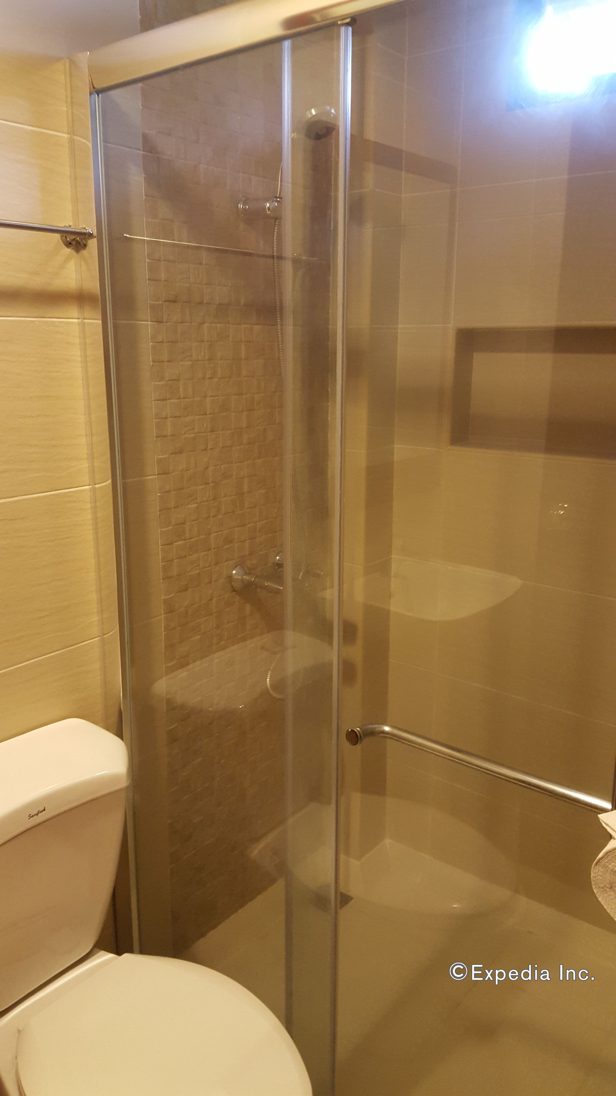 A glass-enclosed shower stall with a tiled wall, a toilet, and a towel rack.