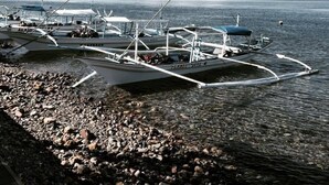 A marina with boats docked, a rocky shoreline, and a mountainous backdrop. - Planet Dive (Mabini)