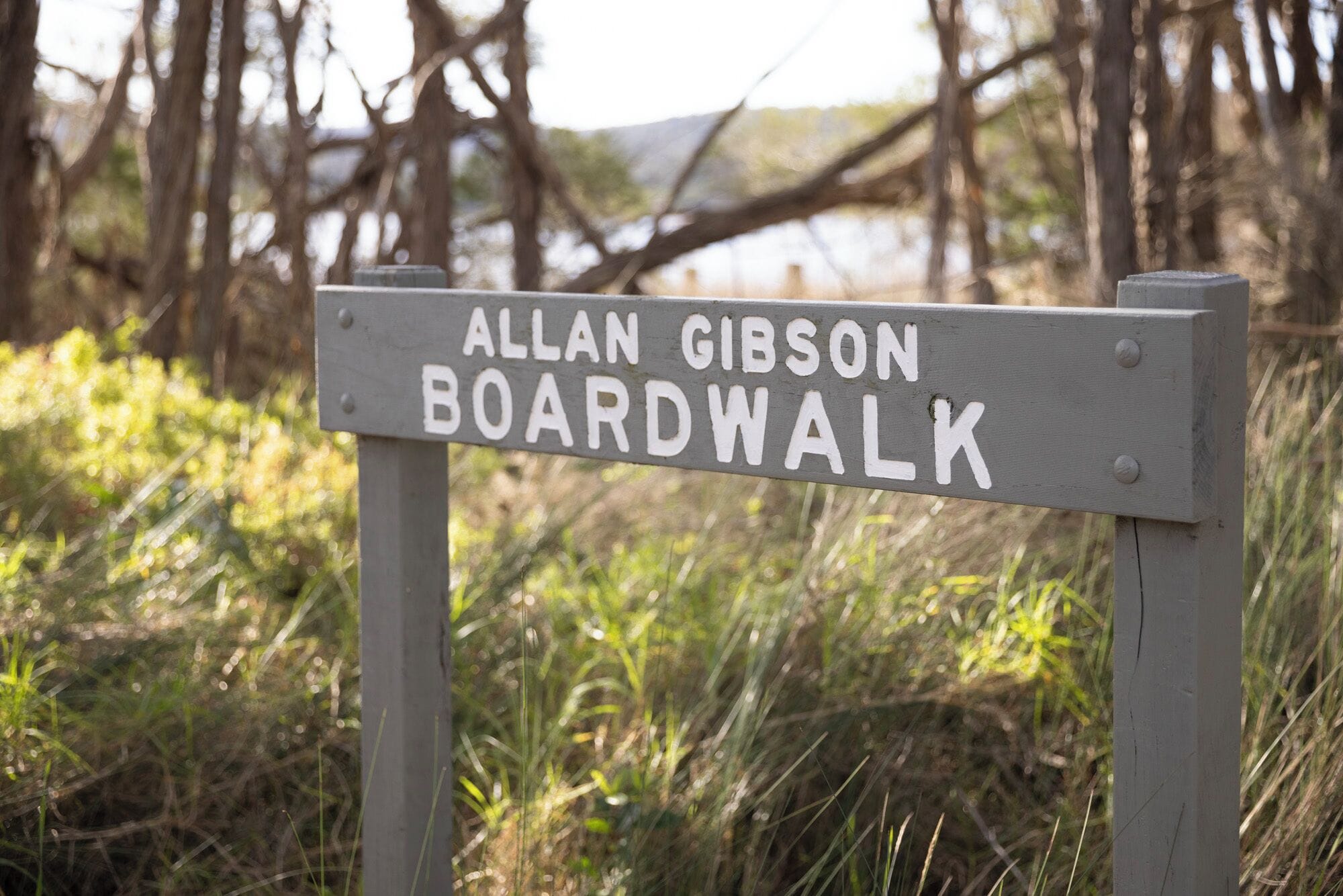A sign for Allan Gibson Boardwalk.