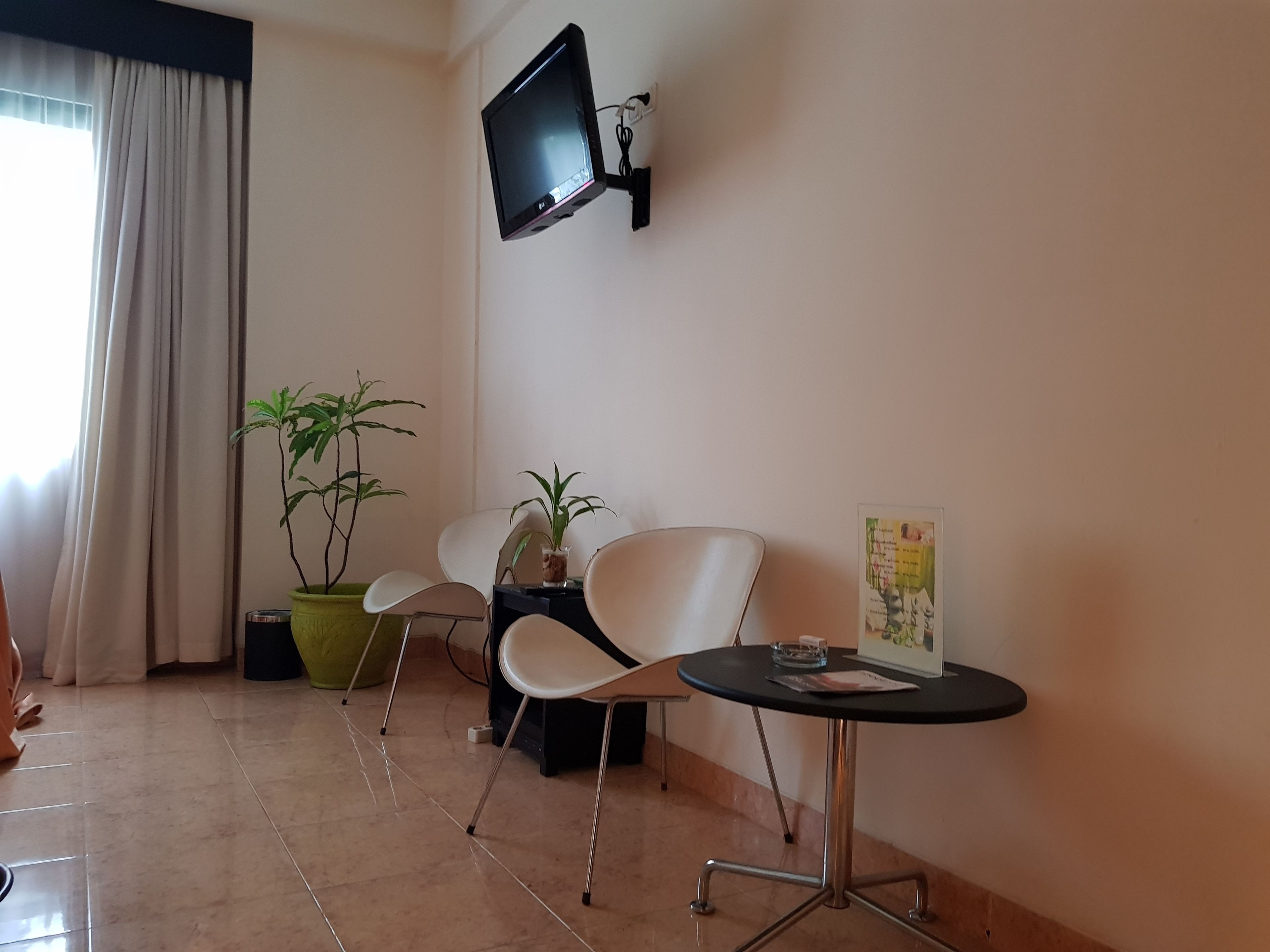 A room with a flat-screen TV mounted on the wall, two white chairs, a small round table with a magazine, and two potted plants.