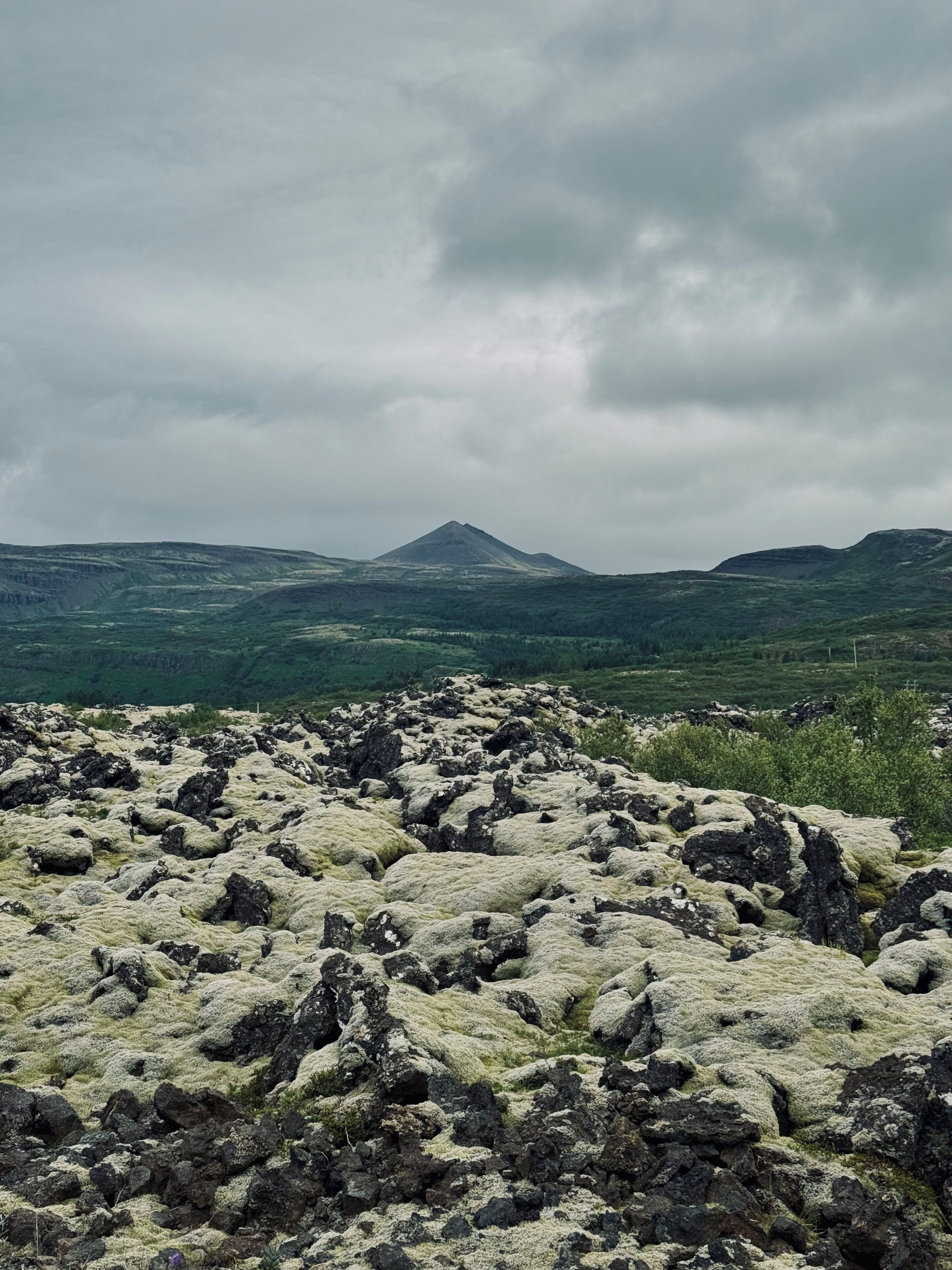 A rocky terrain with a mountain in the distance under a cloudy sky.