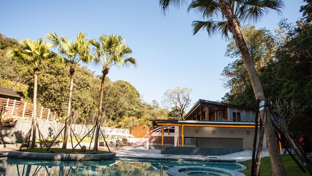 A swimming pool with a curved design, surrounded by palm trees and a building with a covered area.