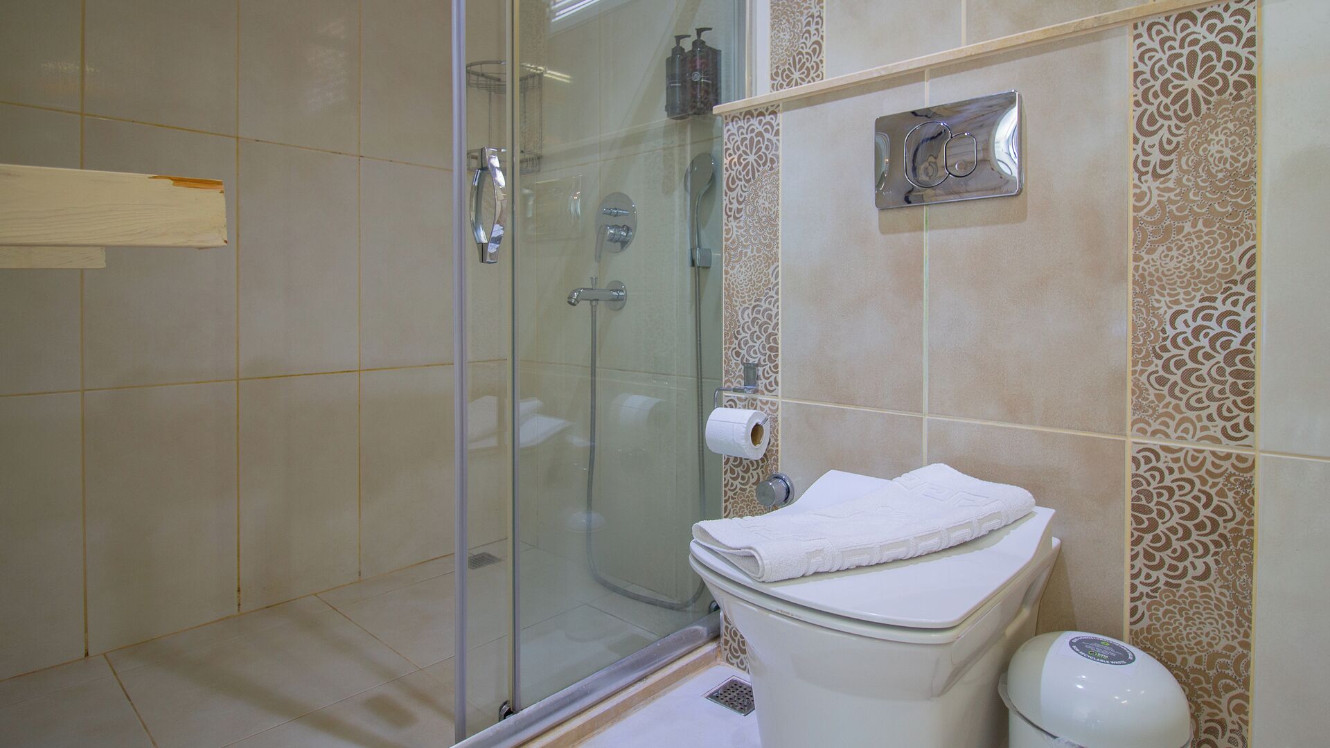 A bathroom with a glass shower enclosure, a toilet, and a towel rack.