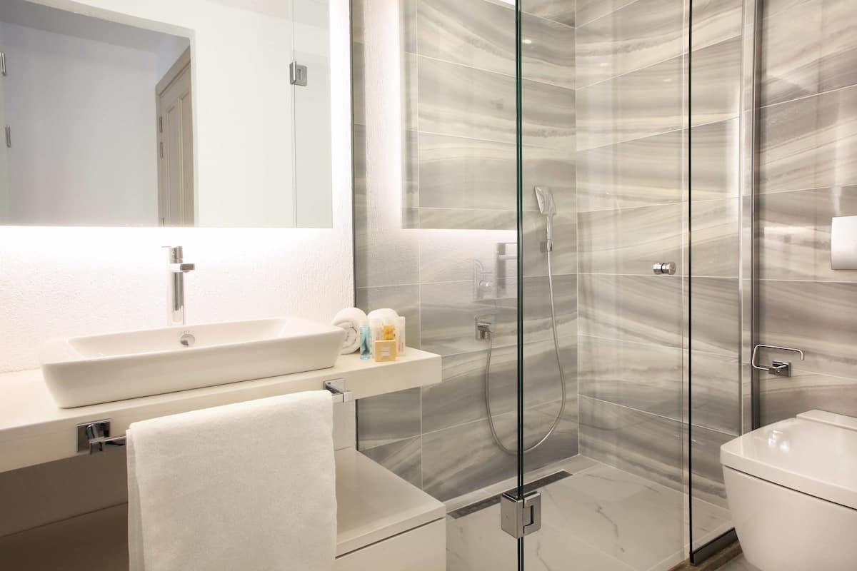 Een douche, een regendouche, gratis toiletartikelen, een haardroger
