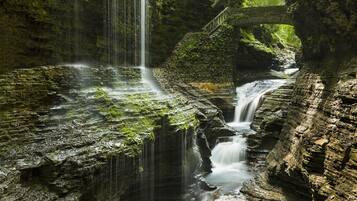 A waterfall cascading over moss-covered rocks with a wooden bridge.