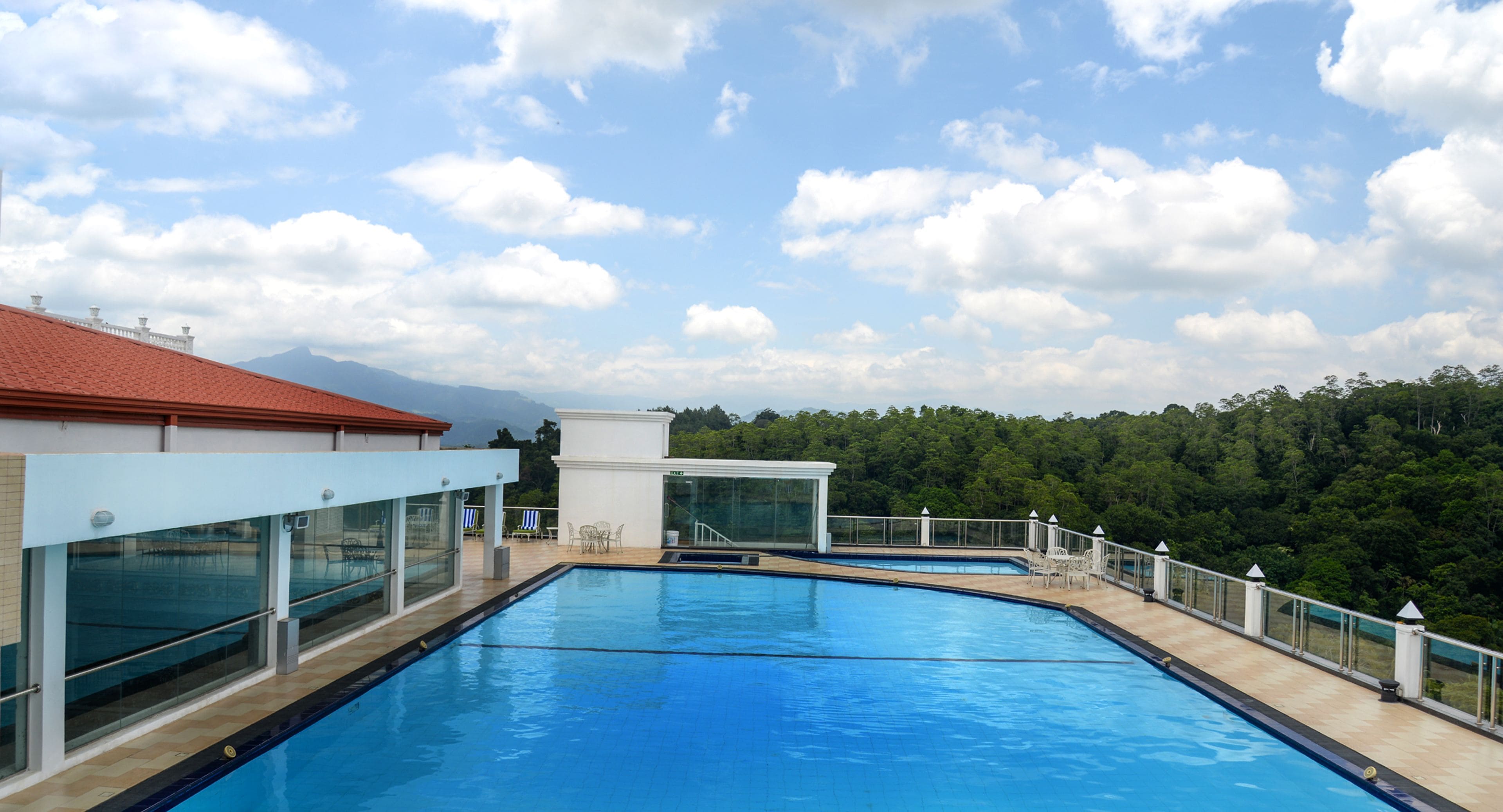 A rooftop swimming pool with clear blue water, surrounded by glass railings and a view of a forested area.