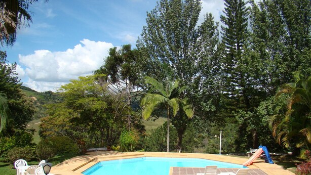 A swimming pool with a tiled deck, surrounded by greenery and trees.