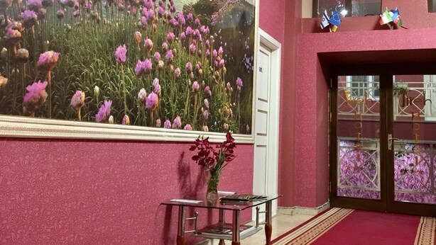 Una habitación con un amplio mural floral, una mesita con un jarrón y una alfombra estampada.